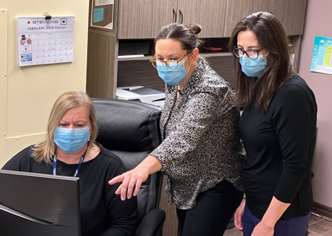  Perioperative Services Network team members, Robin Lake (centre) and Karen Doherty (right), provide support to Vonda Brophy with Dr. John Hamilton's ophthalmology office in Antigonish.