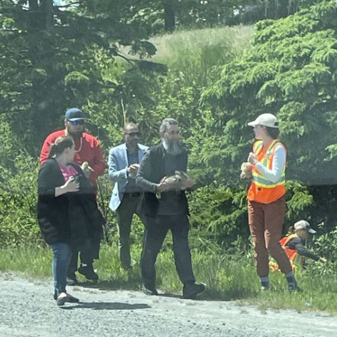 Group of individuals on roadside with a goose